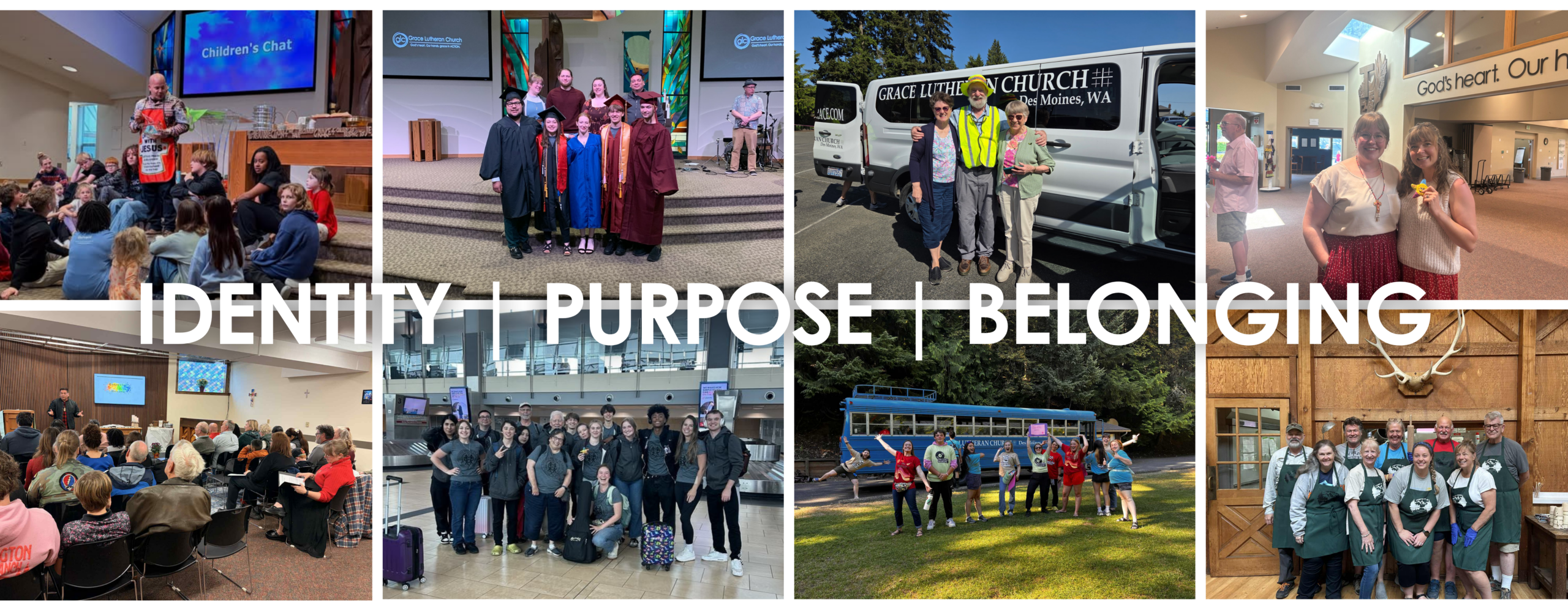 Grace Lutheran Church members at worship, graduation, a mission trip, and welcoming newcomers