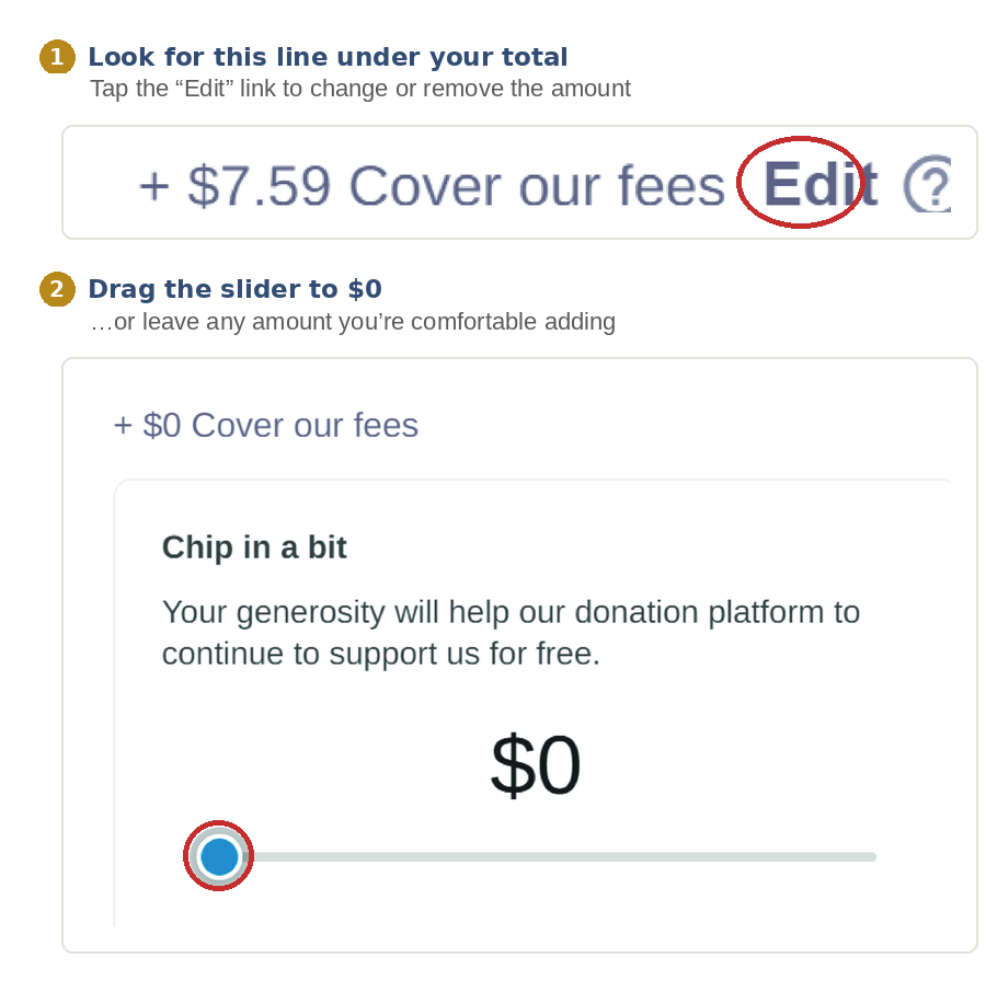 Screenshot of the Raisely checkout showing the small “Edit” link next to the added fee, and the slider that lets you drag it down to $0.